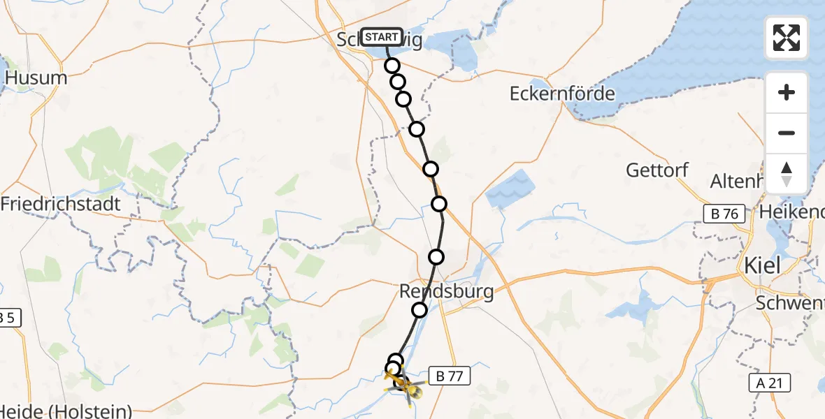 Flugroute Ambulanzhubschrauber Schleswig - Rendsburg-Schachtholm Flugplatz, 03 August 2026, 17:14