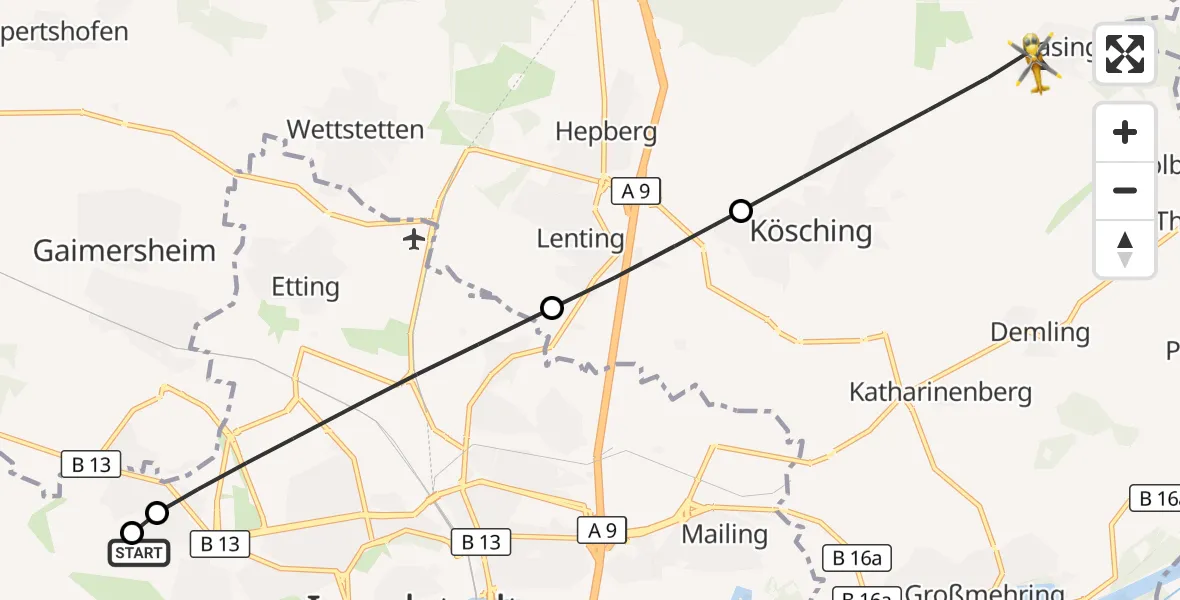 Flugroute Rettungshubschrauber Ingolstadt Hospital - Kösching, 03 August 2026, 17:21