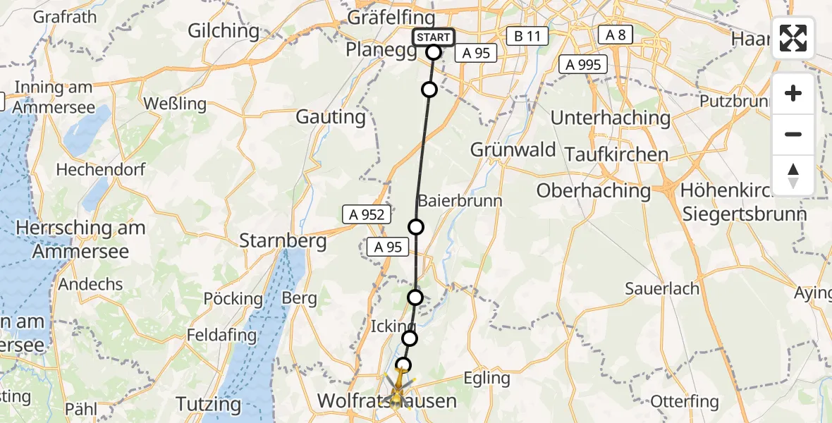 Flugroute Rettungshubschrauber DRF Air Rescue München Hubschrauberlandeplatz - Wolfratshausen, 03 August 2026, 17:22