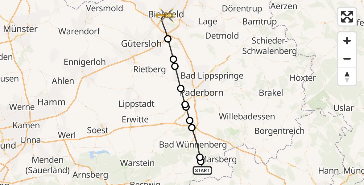 Flugroute Rettungshubschrauber Marsberg - Bielefeld, 03 August 2026, 17:27
