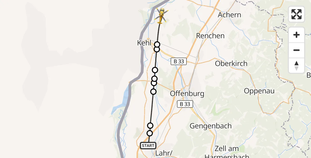 Flugroute Rettungshubschrauber Lahr Flughafen - Kehl, 03 August 2026, 17:32