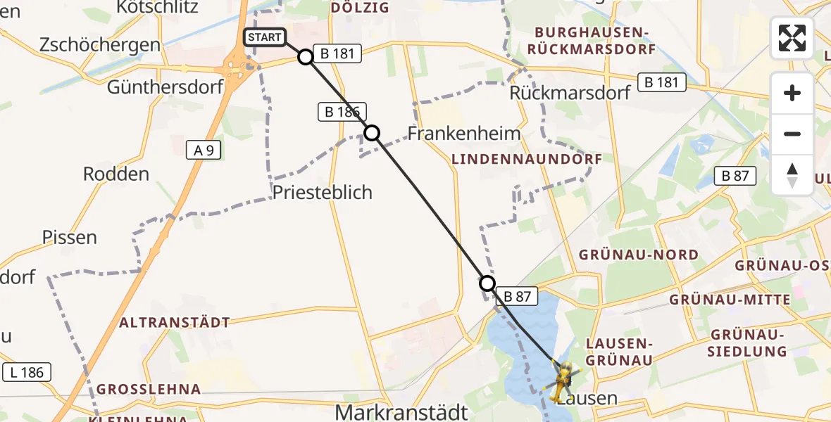 Flugroute Rettungshubschrauber ADAC Air Rescue Station Leipzig/Schkeuditz-Dölzig Hubschrauberlandeplatz (Christoph 61) - Leipzig, 03 August 2026, 17:38