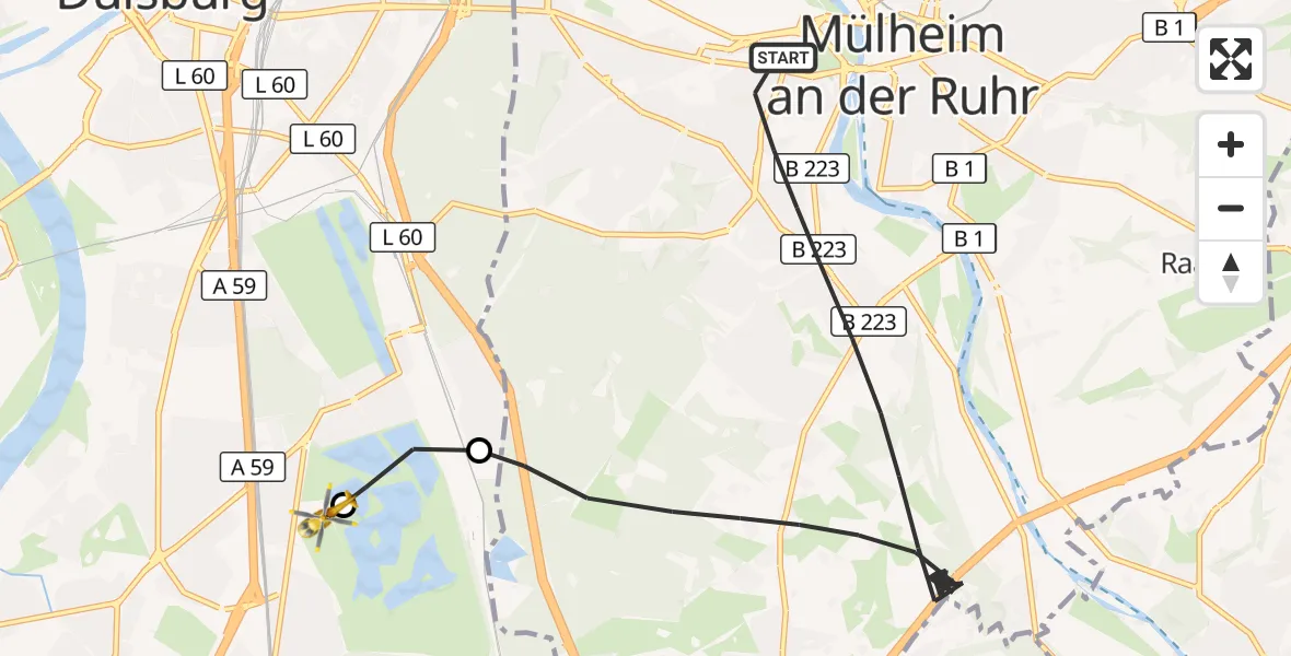 Flugroute Rettungshubschrauber Mülheim an der Ruhr - Duisburg Air Rescue Hubschrauberlandeplatz (Christoph 9), 03 August 2026, 17:41