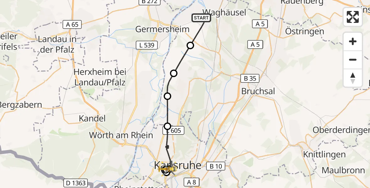 Flugroute Ambulanzhubschrauber Philippsburg - Sankt Vincentius Hospital, 03 August 2026, 17:45
