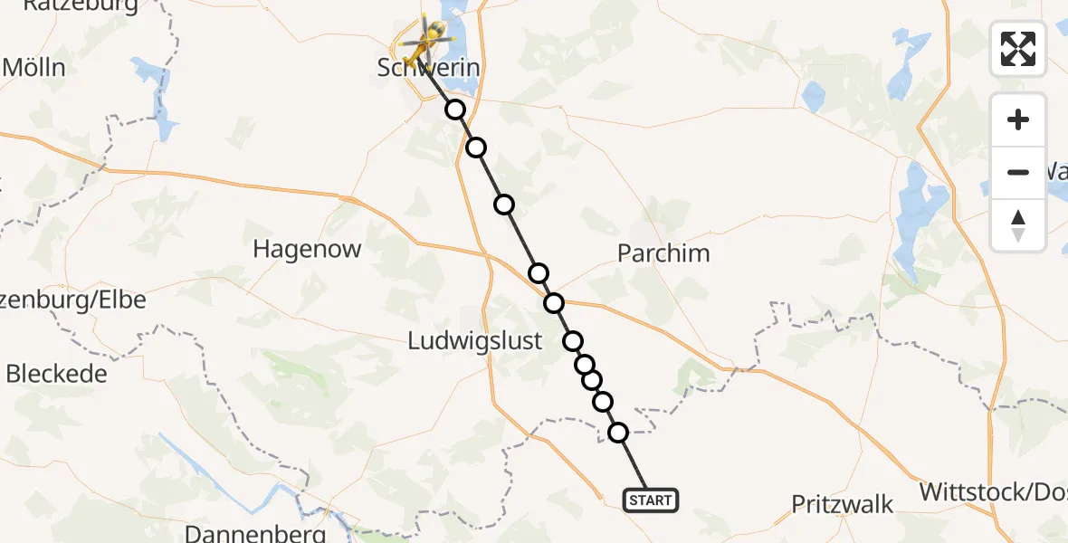 Flugroute Rettungshubschrauber Karstädt - Schwerin, 03 August 2026, 17:47