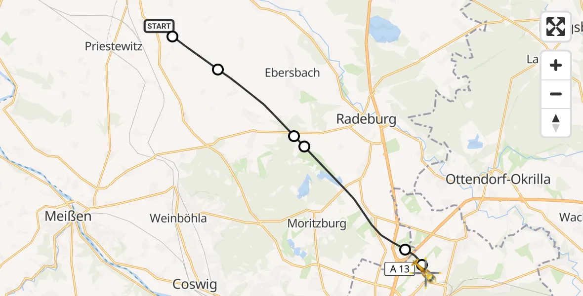 Flugroute Rettungshubschrauber Großenhain - Dresden Bundespolizei Hubschrauberlandeplatz, 03 August 2026, 17:51