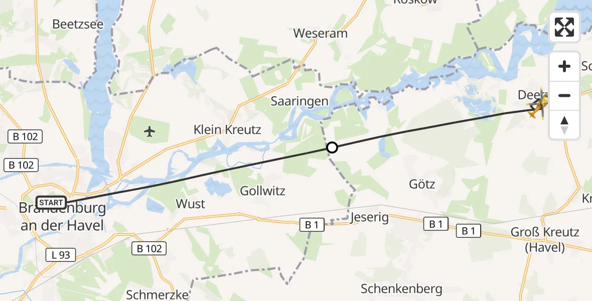Flugroute Rettungshubschrauber Brandenburg an der Havel - Groß Kreutz (Havel), 03 August 2026, 17:53