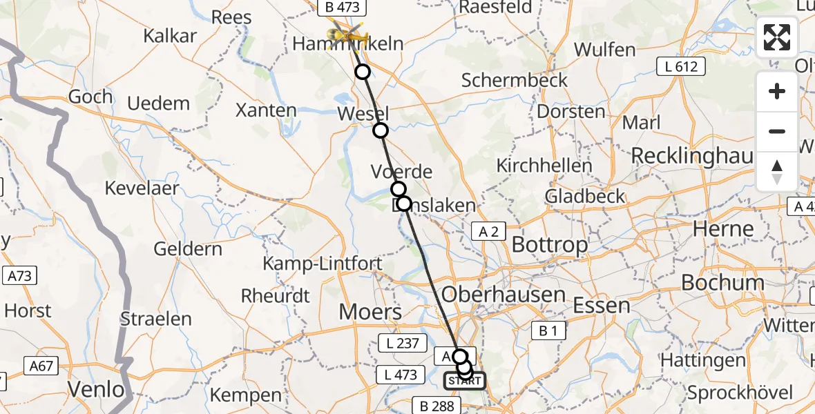 Flugroute Rettungshubschrauber Duisburg Air Rescue Hubschrauberlandeplatz (Christoph 9) - Hamminkeln, 03 August 2026, 18:00
