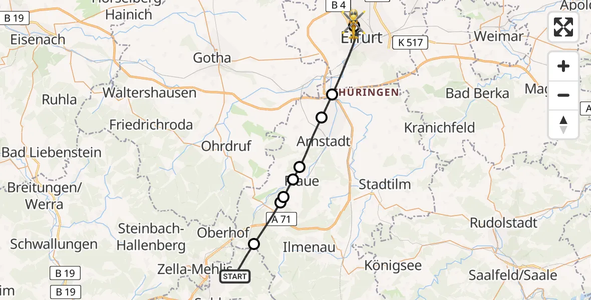 Flugroute Rettungshubschrauber Suhl - Helios Clinic Erfurt, 03 August 2026, 18:03