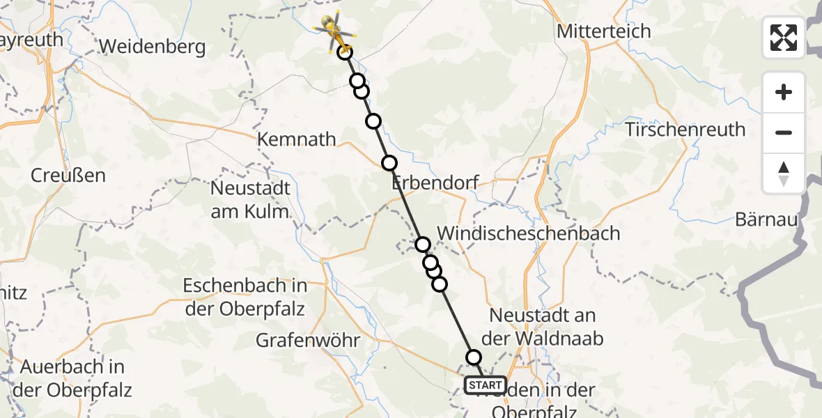 Flugroute Ambulanzhubschrauber Weiden i.d.OPf. - Ebnath, 03 August 2026, 18:04