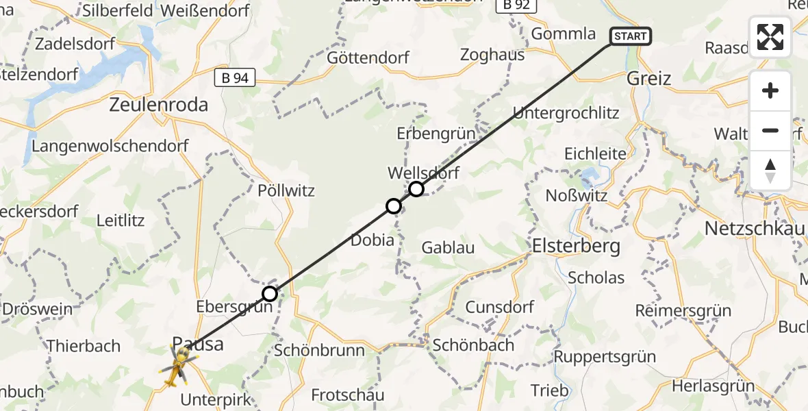 Flugroute Rettungshubschrauber Greiz - Pausa-Mühltroff, 03 August 2026, 18:05
