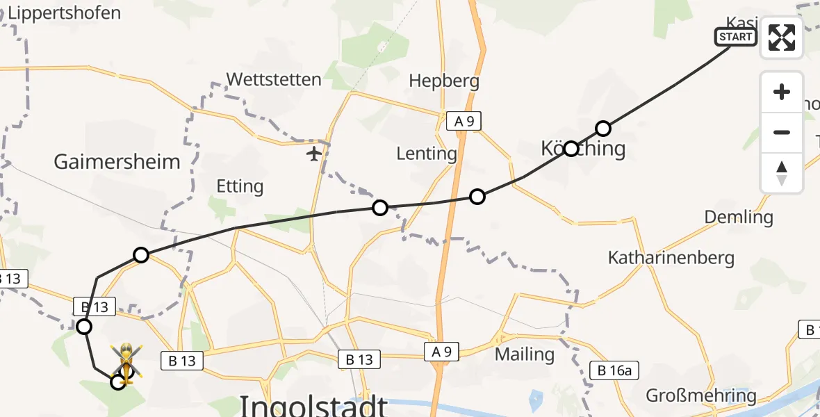 Flugroute Rettungshubschrauber Kösching - Ingolstadt Hospital, 03 August 2026, 18:06