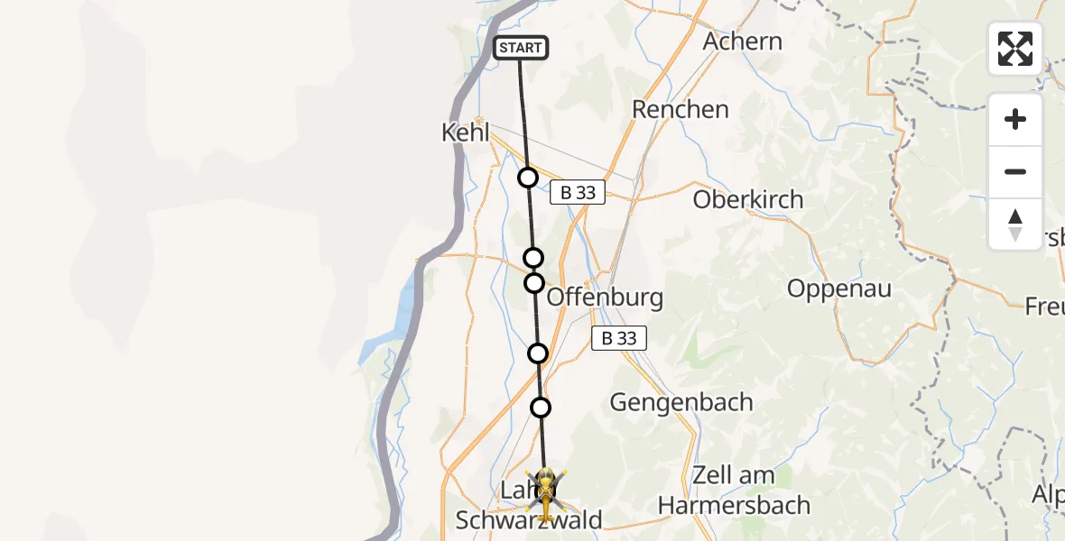 Flugroute Rettungshubschrauber Kehl - Ortenau Hospital Lahr-Ettenheim, 03 August 2026, 18:06