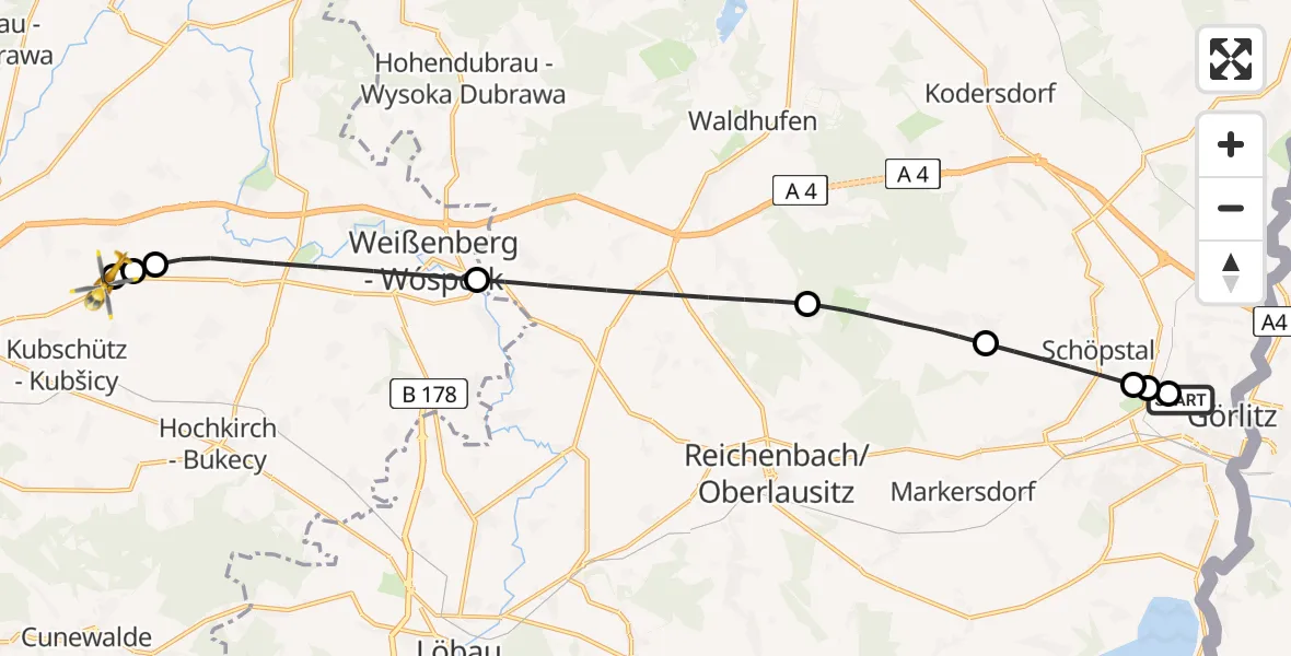 Flugroute Rettungshubschrauber Görlitz Hospital - Bautzen Flugplatz, 03 August 2026, 18:11