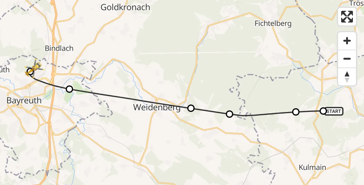 Flugroute Ambulanzhubschrauber Ebnath - Hohe Warte Hospital, 03 August 2026, 18:31