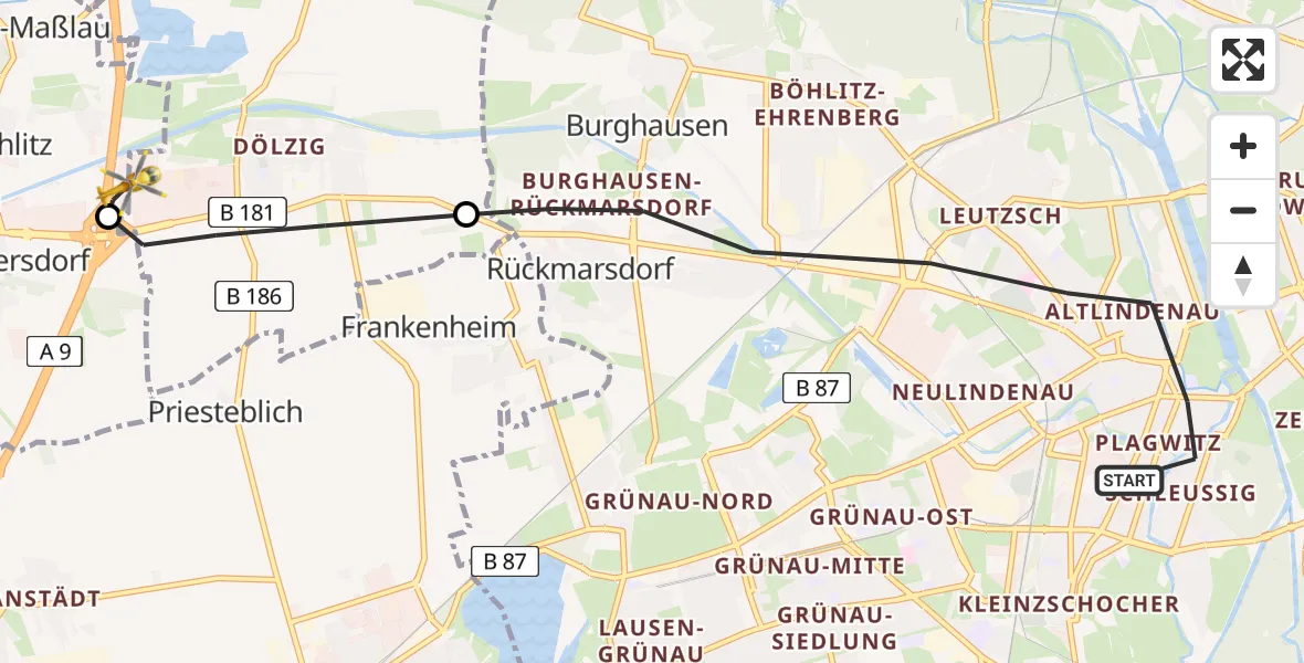 Flugroute Rettungshubschrauber Leipzig - ADAC Air Rescue Station Leipzig/Schkeuditz-Dölzig Hubschrauberlandeplatz (Christoph 61), 03 August 2026, 18:36