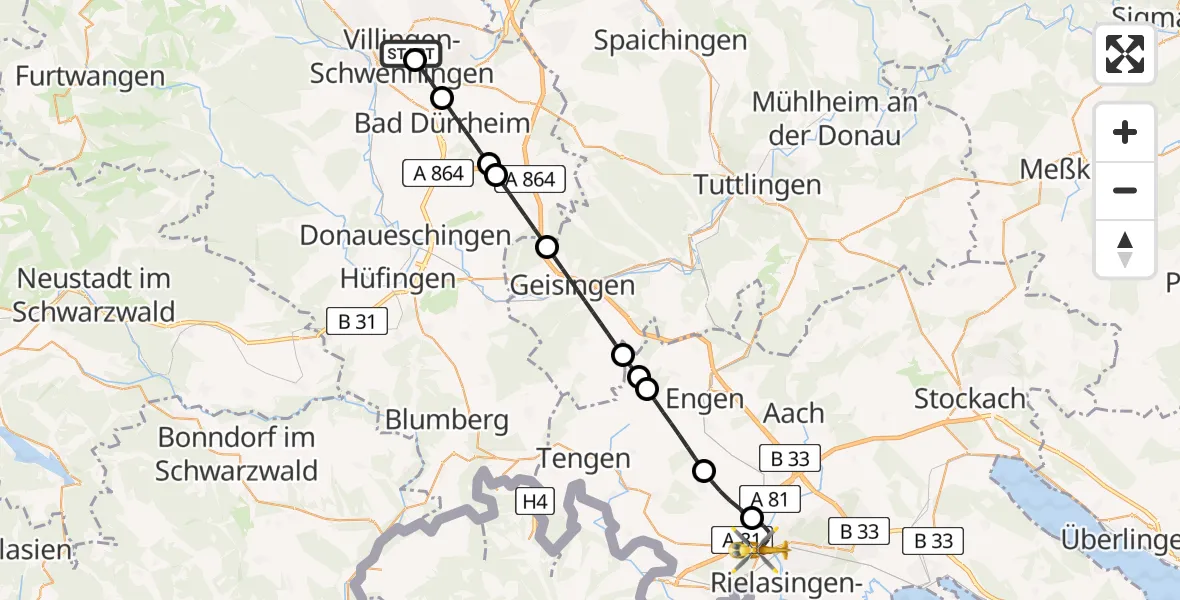 Flugroute Ambulanzhubschrauber DRF Air Rescue Station Villingen-Schwenningen Hubschrauberlandeplatz (Christoph 11) - Singen (Hohentwiel), 03 August 2026, 18:40
