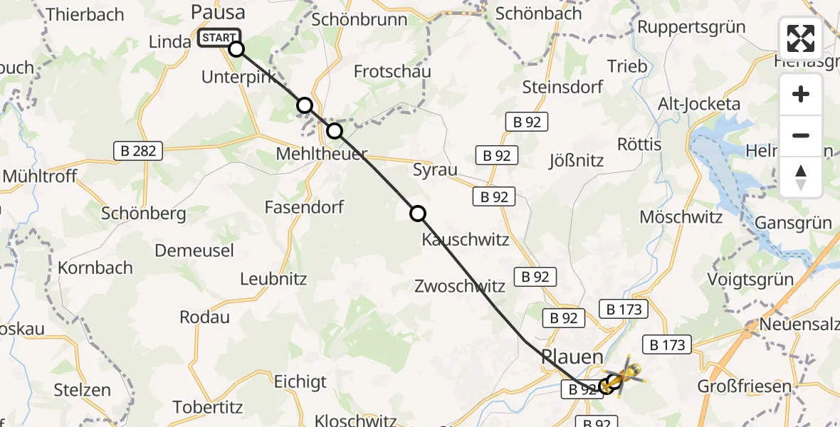 Flugroute Rettungshubschrauber Pausa-Mühltroff - Helios Clinic Plauen, 03 August 2026, 18:44
