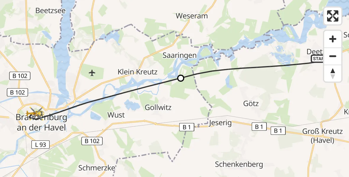 Flugroute Rettungshubschrauber Groß Kreutz (Havel) - Brandenburg an der Havel, 03 August 2026, 18:47