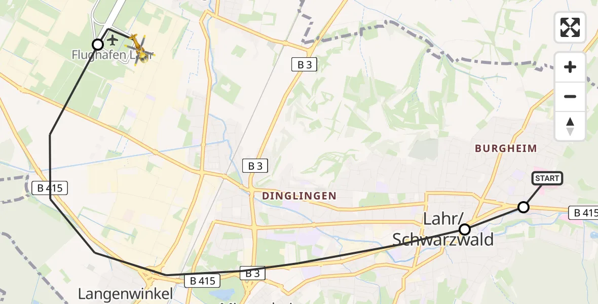 Flugroute Rettungshubschrauber Ortenau Hospital Lahr-Ettenheim - Lahr Flughafen, 03 August 2026, 18:48