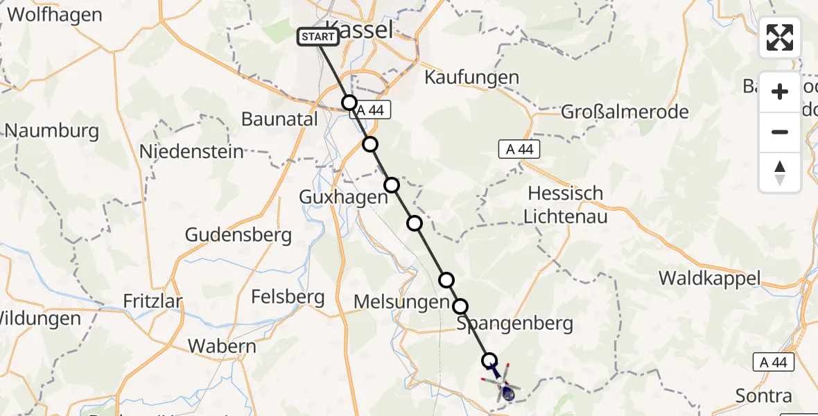 Flugroute Polizeihubschrauber Kassel - Morschen, 03 August 2026, 19:01