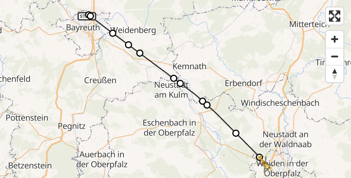 Flugroute Ambulanzhubschrauber Hohe Warte Hospital - Weiden i.d.OPf., 03 August 2026, 19:03