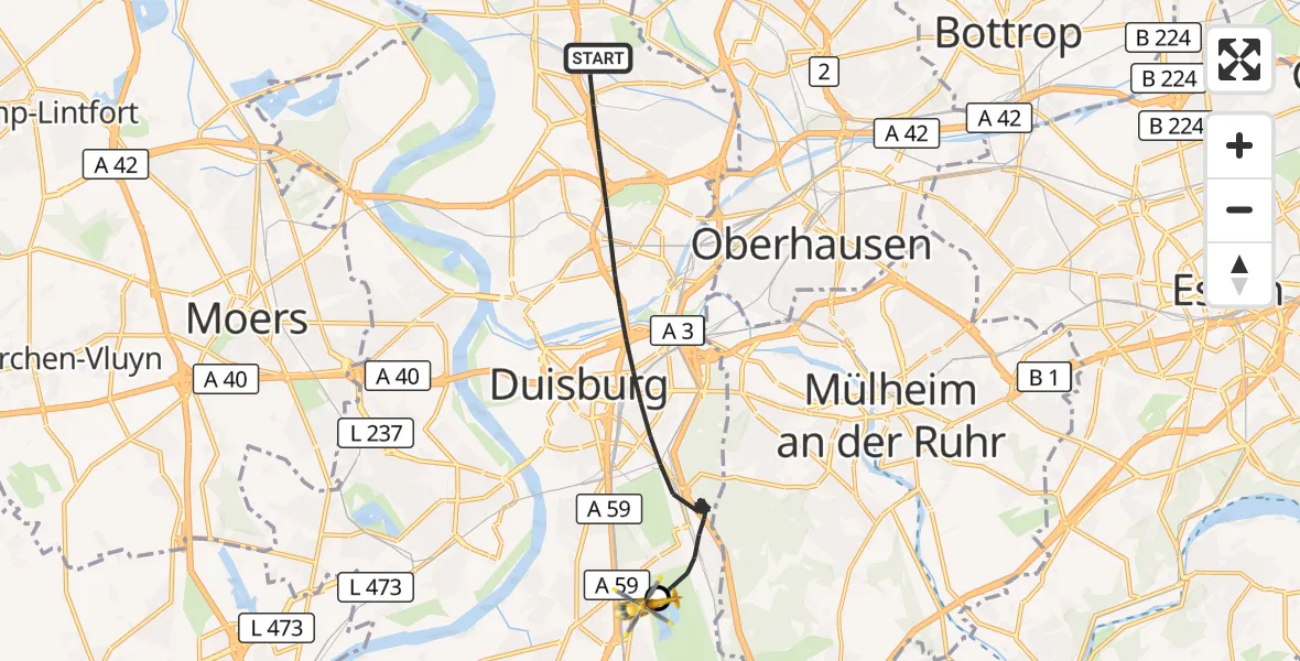 Flugroute Rettungshubschrauber Duisburg - Duisburg Air Rescue Hubschrauberlandeplatz (Christoph 9), 03 August 2026, 19:10