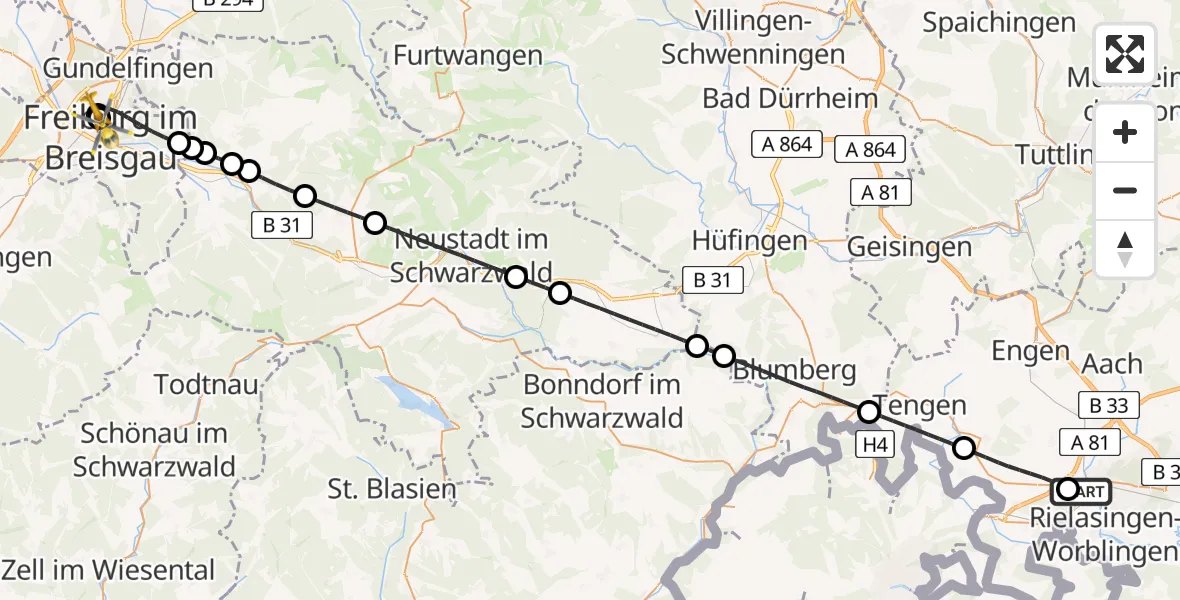 Flugroute Ambulanzhubschrauber Singen (Hohentwiel) - Freiburg University Hospital Heliport 1, 03 August 2026, 19:20