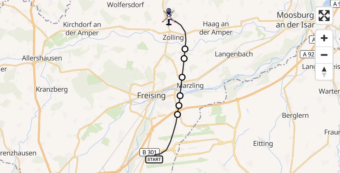 Flugroute Polizeihubschrauber München Flughafen - Zolling, 03 August 2026, 19:31