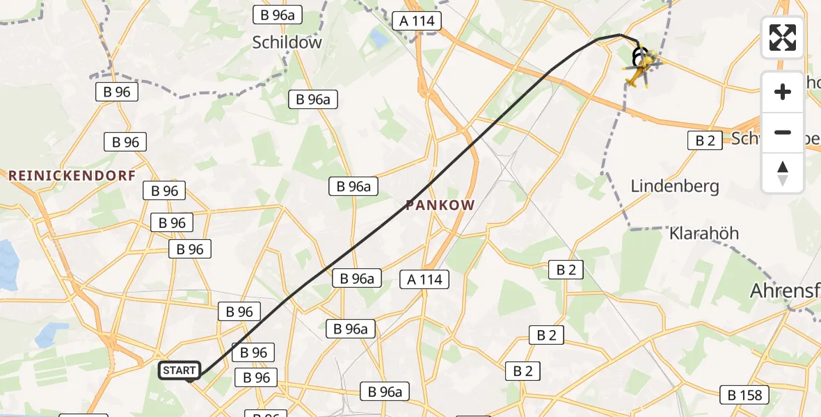 Flugroute Rettungshubschrauber Berlin - Helios Clinic Berlin-Buch, 03 August 2026, 19:48