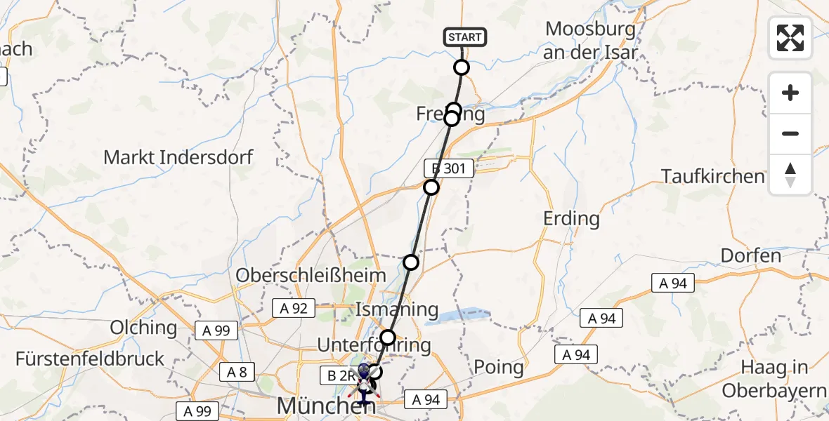 Flugroute Polizeihubschrauber Zolling - München Bogenhausen Hospital, 03 August 2026, 19:55