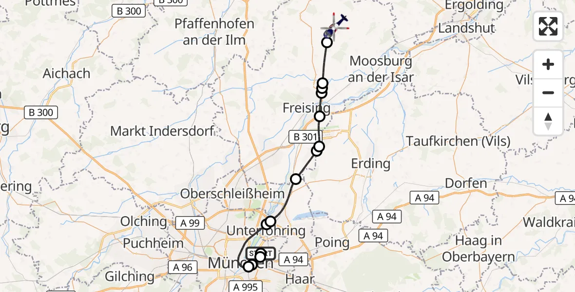 Flugroute Polizeihubschrauber München Bogenhausen Hospital - Nandlstadt, 03 August 2026, 21:03