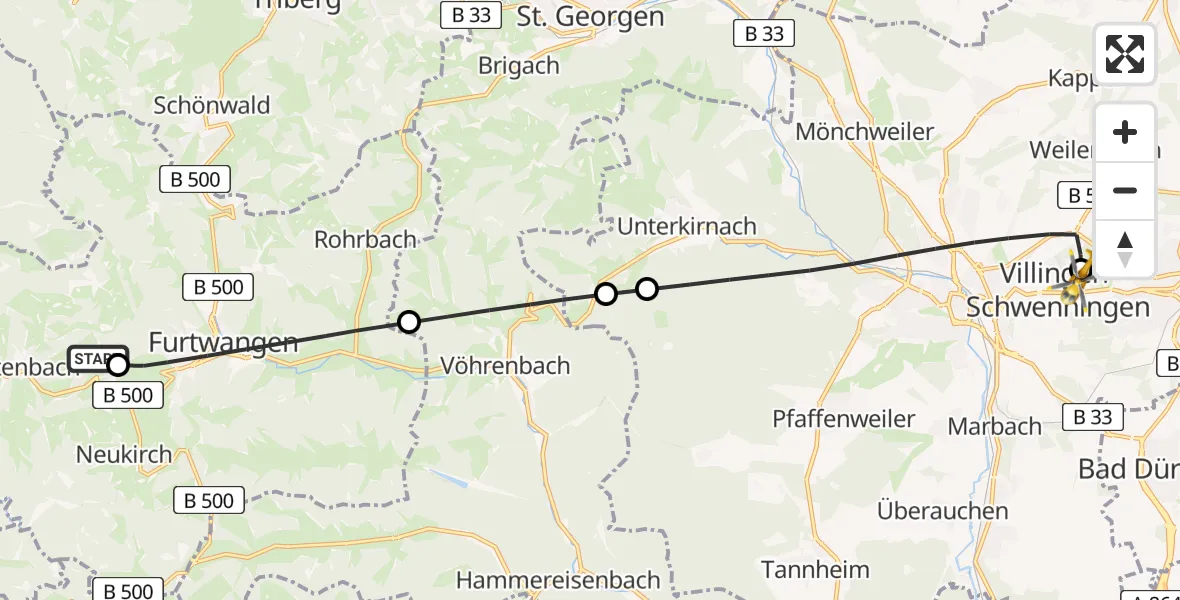 Flugroute Ambulanzhubschrauber Gütenbach - DRF Air Rescue Station Villingen-Schwenningen Hubschrauberlandeplatz (Christoph 11), 03 August 2026, 21:05