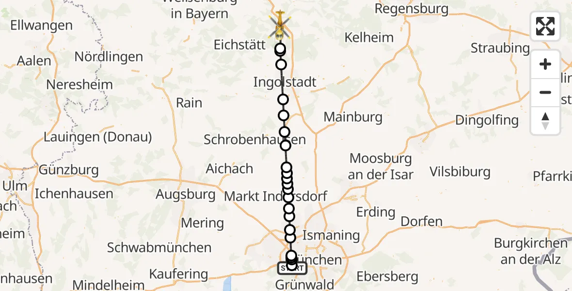 Flugroute Rettungshubschrauber DRF Air Rescue München Hubschrauberlandeplatz - Kipfenberg, 03 August 2026, 21:14