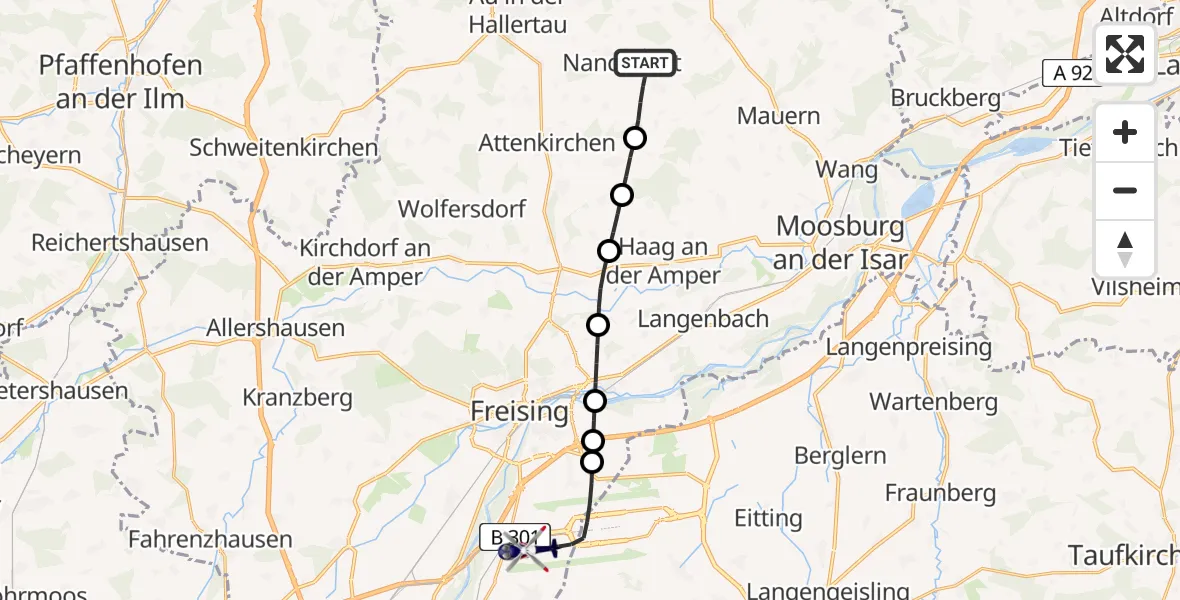 Flugroute Polizeihubschrauber Nandlstadt - München Flughafen, 03 August 2026, 21:26