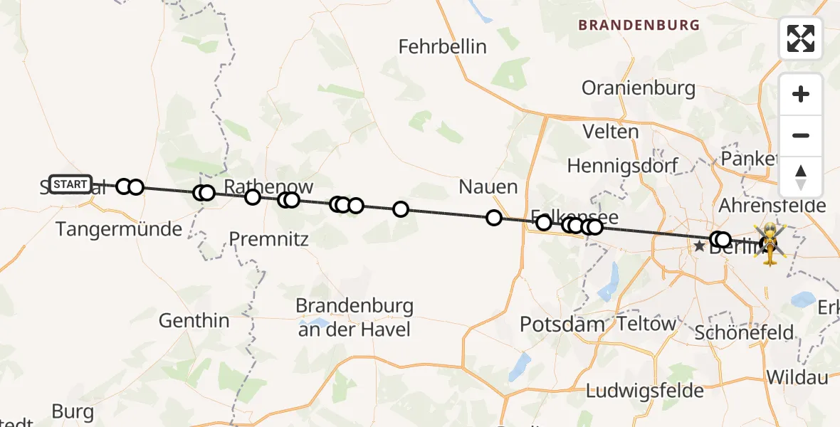 Flugroute Rettungshubschrauber Stendal - Berlin Emergency Hospital, 03 August 2026, 22:10