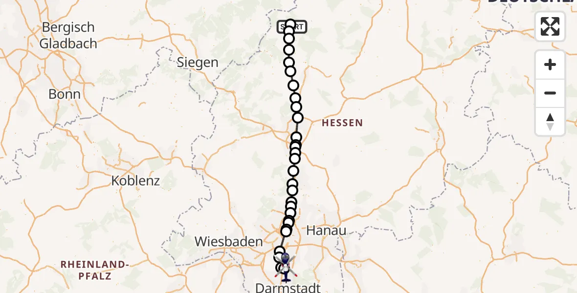 Flugroute Polizeihubschrauber Allendorf-Eder Flugplatz - Flughafen Frankfurt-Egelsbach, 03 August 2026, 22:15