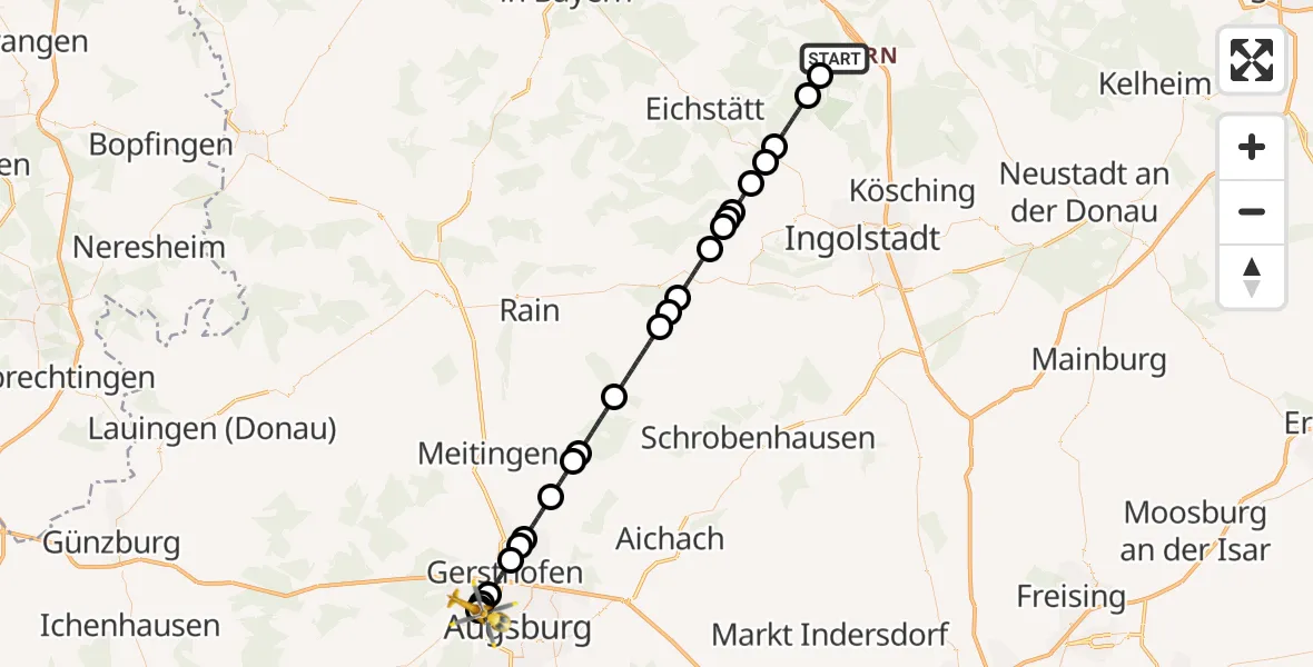 Flugroute Rettungshubschrauber Kipfenberg - Augsburg University Hospital, 03 August 2026, 22:35