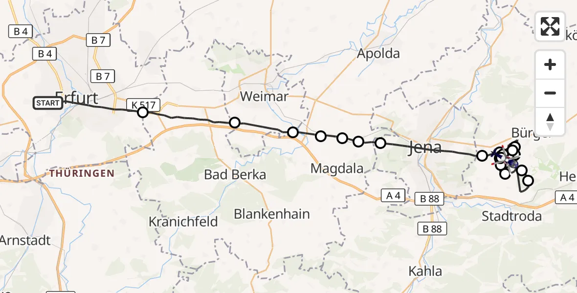 Flugroute Polizeihubschrauber Erfurt - Jena-Schöngleina Flugplatz, 03 August 2026, 23:17