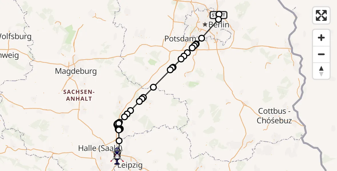 Flugroute Polizeihubschrauber Ahrensfelde Hubschrauberlandeplatz - Schkeuditz, 03 August 2026, 23:57