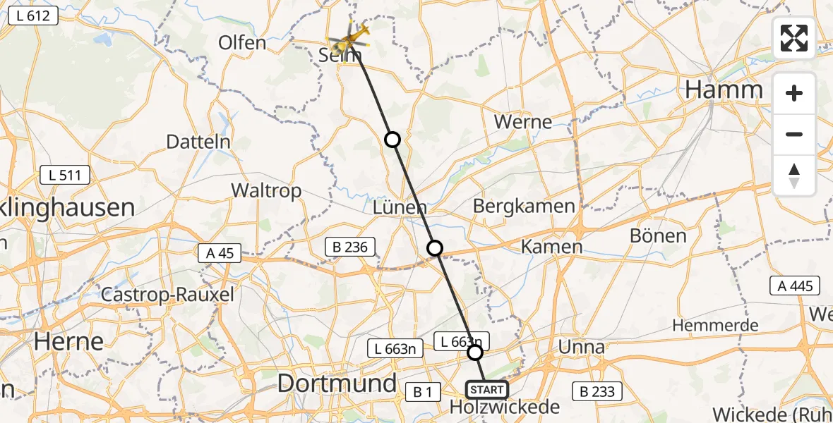 Flugroute Rettungshubschrauber Dortmund Flughafen - Selm, 04 August 2026, 04:57