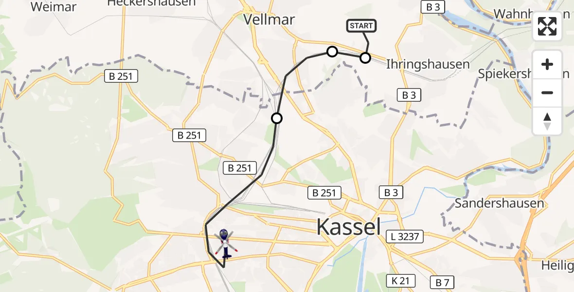 Flugroute Polizeihubschrauber Fuldatal Bundespolizei Hubschrauberlandeplatz - Kassel, 04 August 2026, 05:00