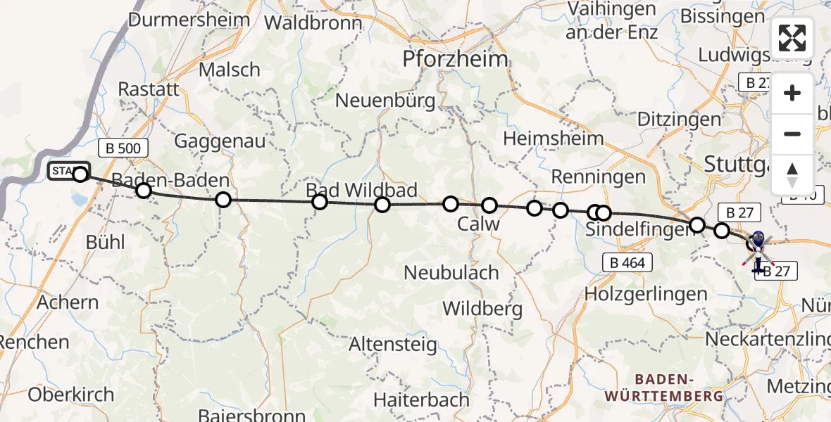 Flugroute Polizeihubschrauber Karlsruhe Baden-Baden Flughafen - Flughafen Stuttgart, 04 August 2026, 05:08