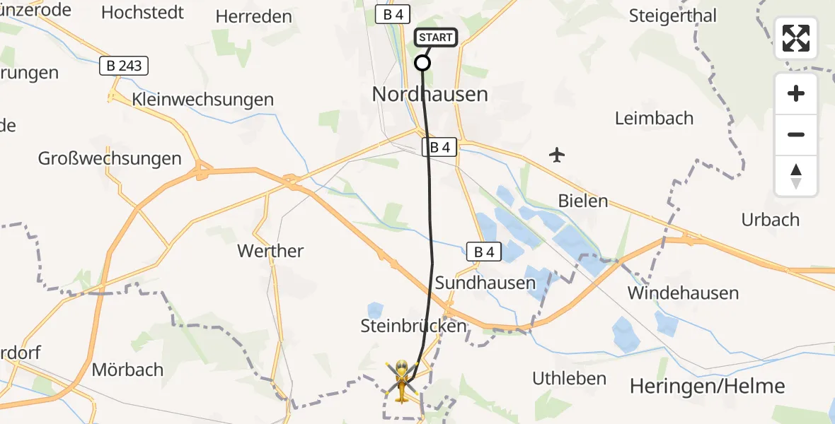 Flugroute Rettungshubschrauber Südharz Hospital Nordhausen - Nordhausen, 04 August 2026, 05:23