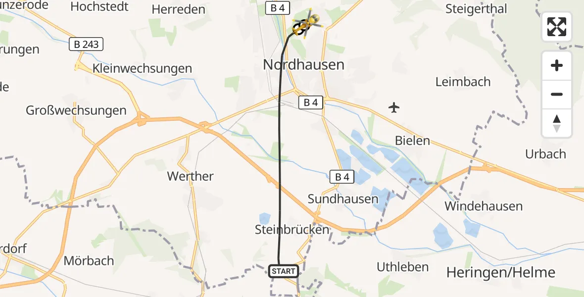 Flugroute Rettungshubschrauber Nordhausen - Südharz Hospital Nordhausen, 04 August 2026, 05:39