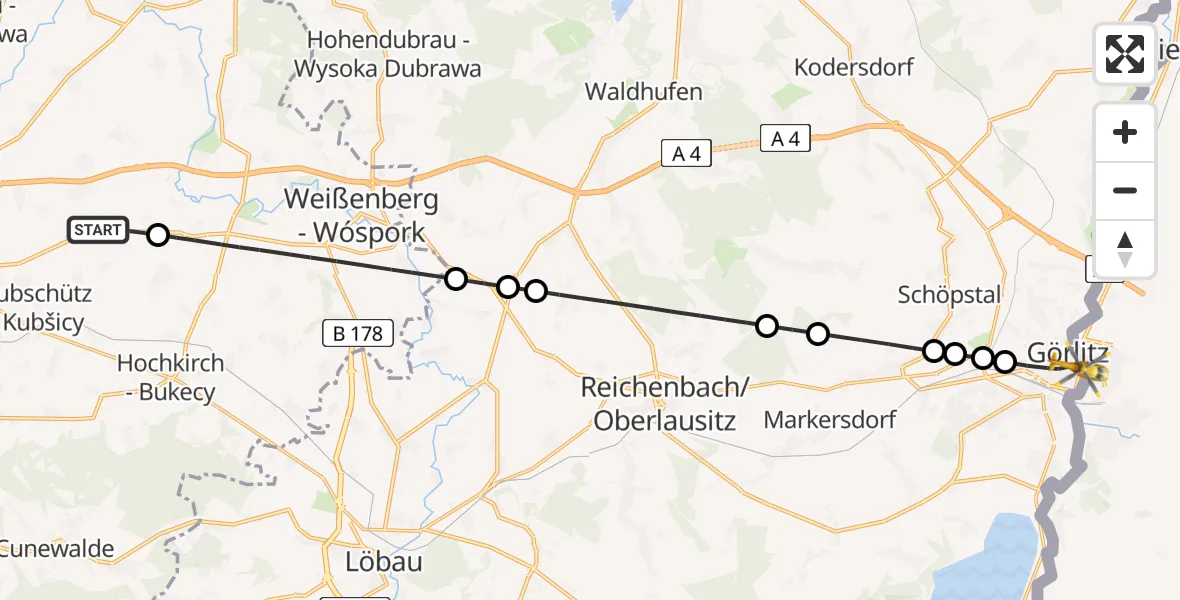 Flugroute Rettungshubschrauber Kubschütz - Görlitz, 04 August 2026, 05:40