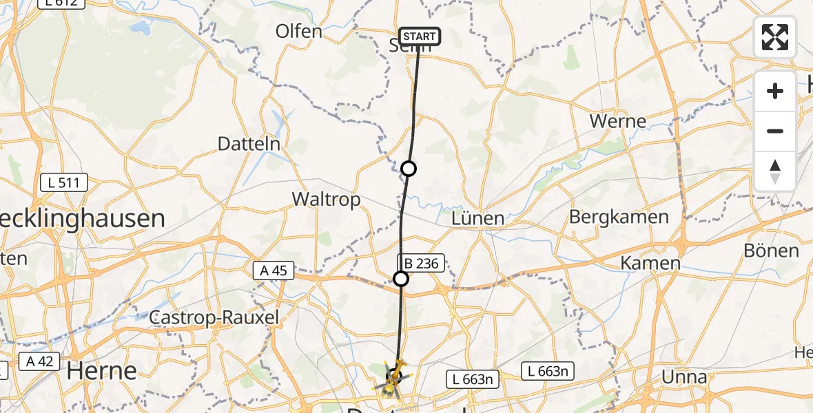Flugroute Rettungshubschrauber Selm - Dortmund Hospital North, 04 August 2026, 05:52