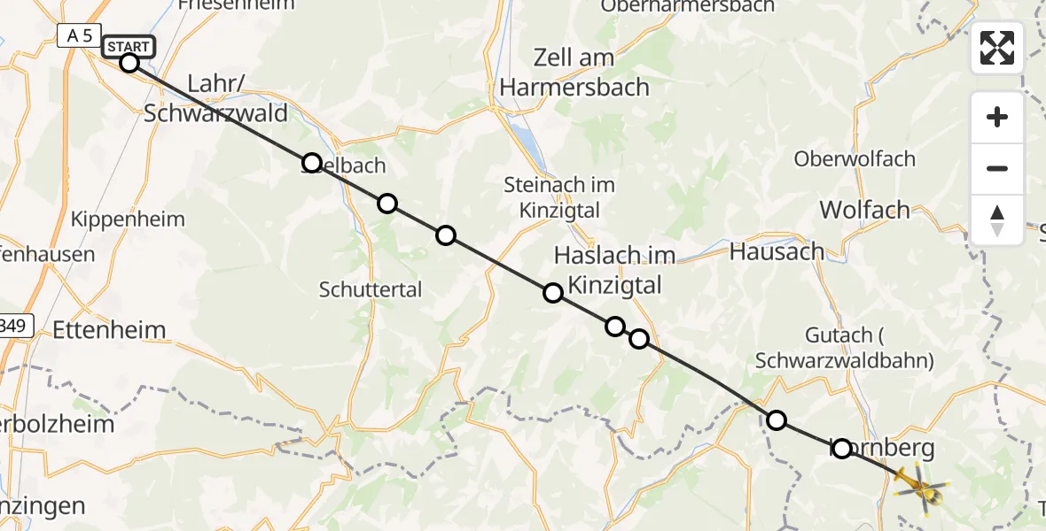 Flugroute Rettungshubschrauber Lahr Flughafen - Hornberg, 04 August 2026, 06:04