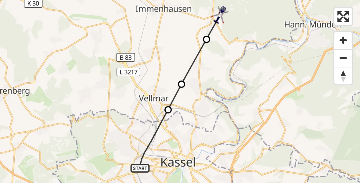 Flugroute Polizeihubschrauber Kassel - Immenhausen, 04 August 2026, 06:11