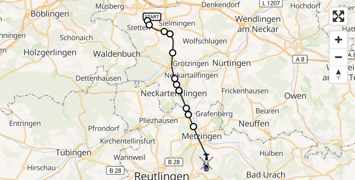 Flugroute Polizeihubschrauber Flughafen Stuttgart - Metzingen, 04 August 2026, 06:30